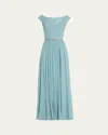 Elie Saab Pleated Silk Gown With Scarf And Belted Waist In Cerulean Blue Cb001