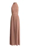 Elie Saab Pleated Silk Halter Gown In Tan