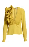 Elie Saab Plunged Plissé Chiffon Top In Yellow
