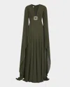 Elie Saab Plunging Crystal Cape-sleeve Silk Gown