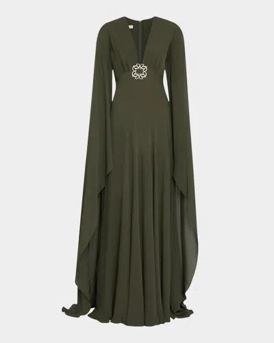 Elie Saab Plunging Crystal Cape-sleeve Silk Gown