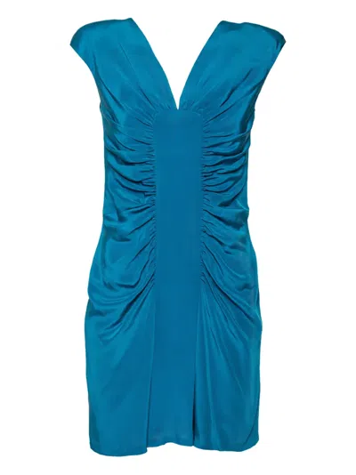 Pre-owned Elie Saab  Ruched V-neck Silk Dress In Blue