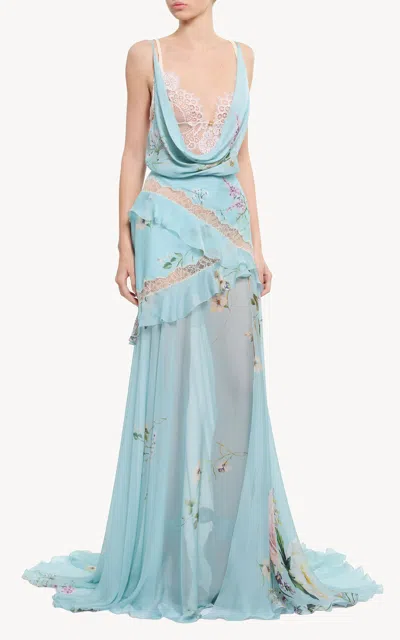 Elie Saab Printed Chiffon & Lace Midi Dress In Blue