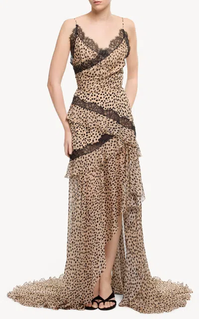 Elie Saab Printed Chiffon & Lace Midi Dress In Brown
