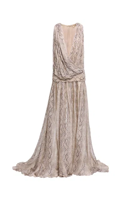 Elie Saab Printed Chiffon Long Dress In Neutral