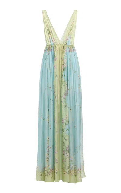 Elie Saab Printed Chiffon Maxi Dress In Green