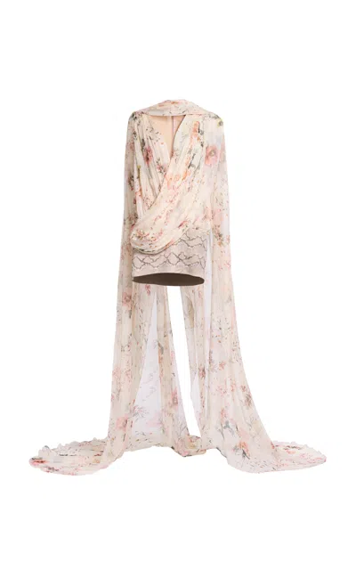 Elie Saab Printed Chiffon Short Dress In White