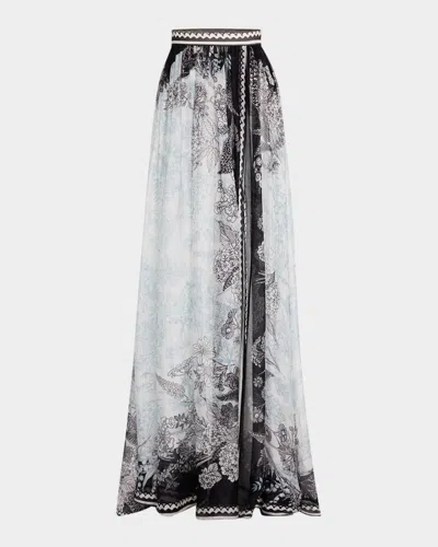 Elie Saab Printed Chiffon Thigh-slit Maxi Skirt In Black White Blue
