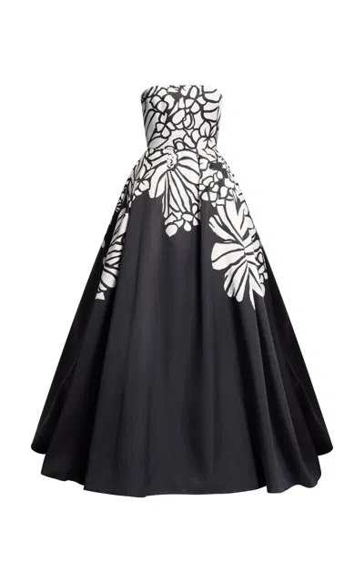Elie Saab Printed Mikado Strapless Gown In Black,white