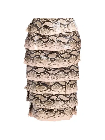 Elie Saab Python-effect Tiered Midi Skirt In Neutral