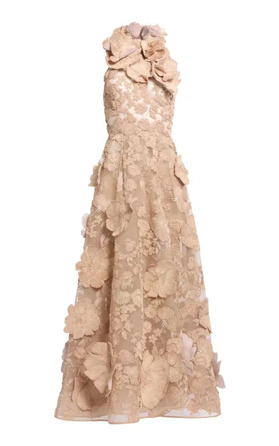 Elie Saab Raffia Embr. Tulle Midi Dress In Brown