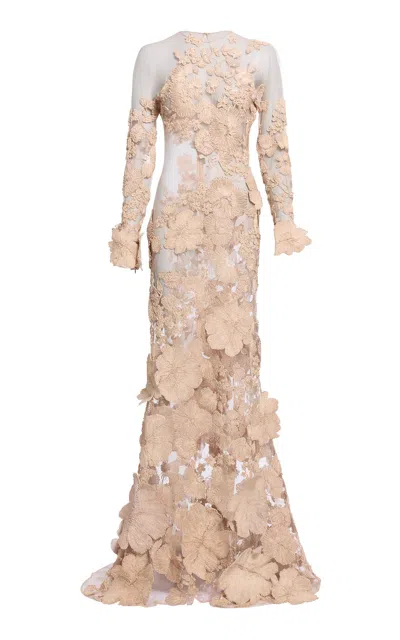 Elie Saab Raffia Embr. Tulle/silk Long Dress In Neutral