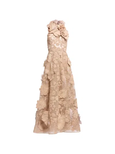 Elie Saab Raffia-embroidered Tulle Maxi Dress In Brown