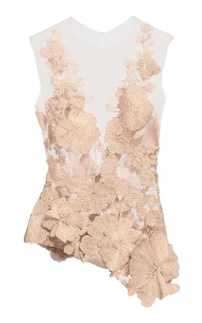 Elie Saab Rafia Embroidery On Tulle Top In Neutral