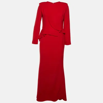 Pre-owned Elie Saab Red Crepe Ruffle Detail Maxi Dress M