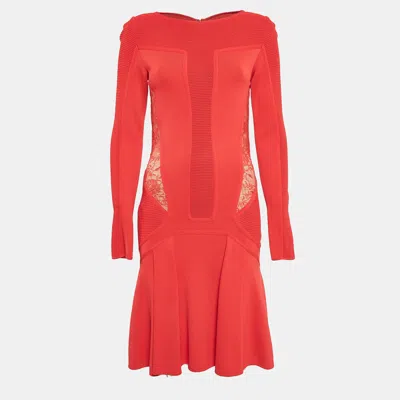Pre-owned Elie Saab Red Lace Trim Knit Flared Midi Dress S