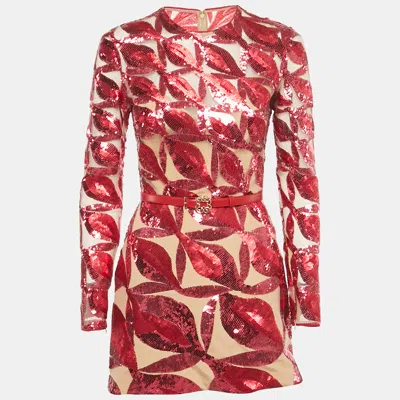 Pre-owned Elie Saab Red Sequin Embellished Tulle Diana Mini Dress Xs