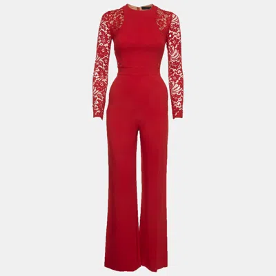 Elie Saab Red Stretch Knit And Lace Long Sleeve Jumpsuit