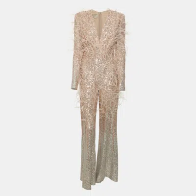 Pre-owned Elie Saab Rose Gold/silver Sequin & Feather And Ostrich Feather Jumpsuit S In Pink