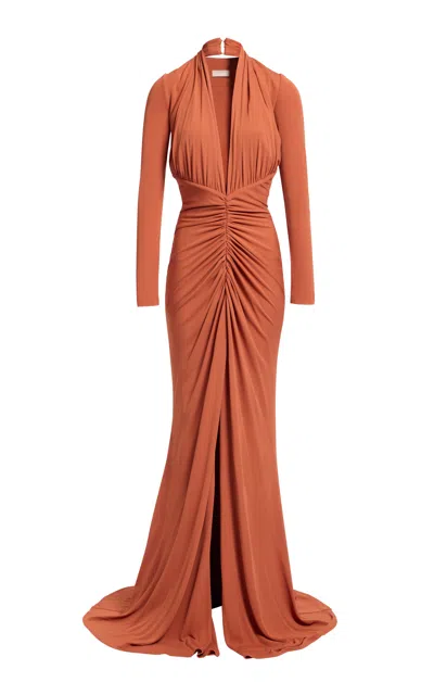 Elie Saab Ruched Jersey Maxi Dress In Orange