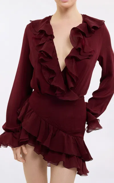 Elie Saab Ruffle Silk Top In Burgundy