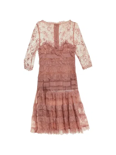 Pre-owned Elie Saab Ruffled Lace Midi Dress In Pink
