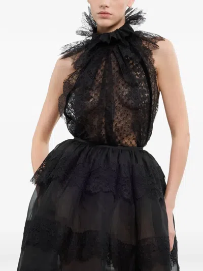 Elie Saab Ruffled Lace-panel Top In Black