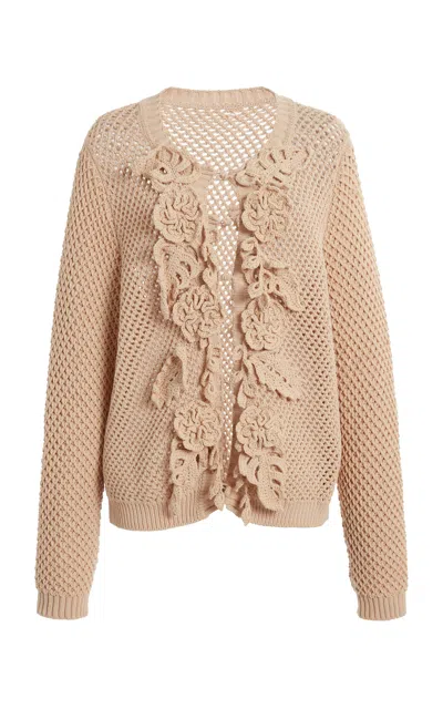 Elie Saab Ruffled Mesh Cotton Knit Cardigan In Khaki