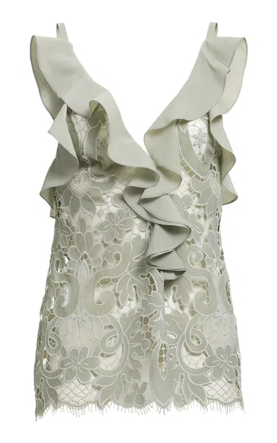 Elie Saab Ruffle-trim Lace Top In Green