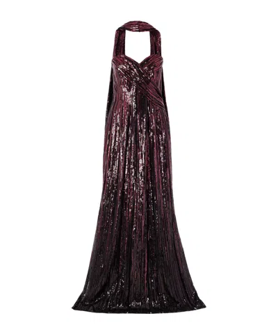 Elie Saab Strapless Scarf-detailed Sequined Tulle Gown In Burgundy