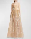 Elie Saab Arboreal Embroidered Gown In Nudegoldsilver