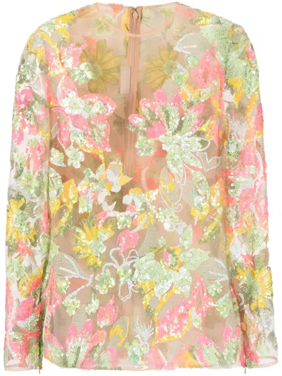 Elie Saab Sequin-embellished Floral-print Blouse In Neutrals