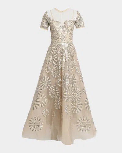 Elie Saab Sequin Embroidered Tulle Illusion Gown In Neutral