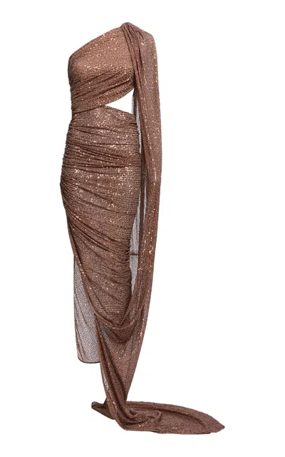 Elie Saab Sequin Jersey Midi Dress In Brown