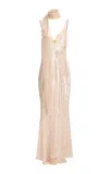 Elie Saab Sequin Mesh Long Dress With Lace Border
