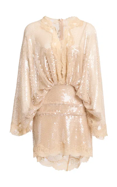 Elie Saab Sequin Mesh Short Dress With Lace Border