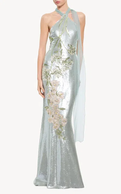 Elie Saab Sequined Applique Maxi Dress In Blue