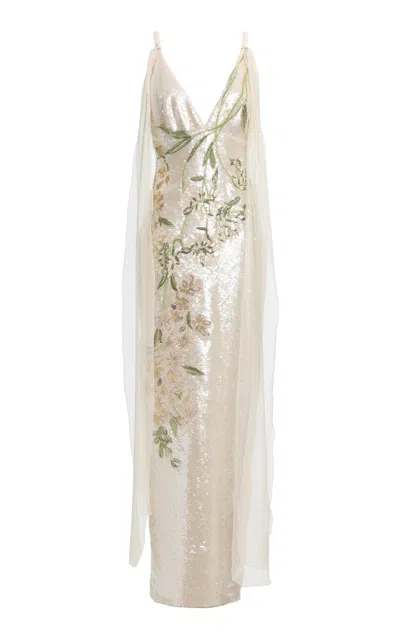 Elie Saab Sequined Applique Silk-blend Midi Dress In Gold