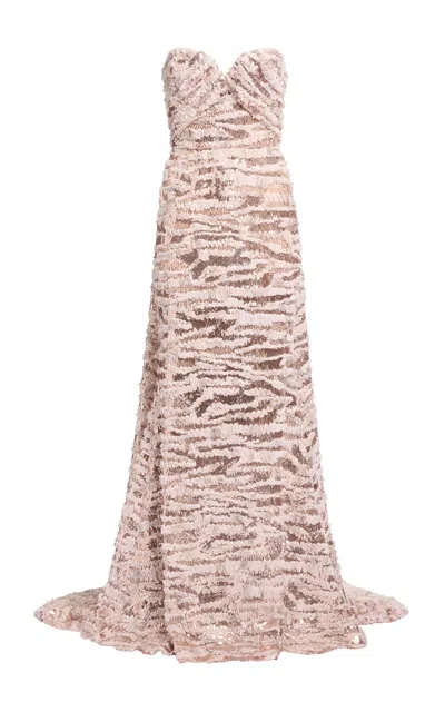 Elie Saab Sequined Chiffon Long Dress In Pink