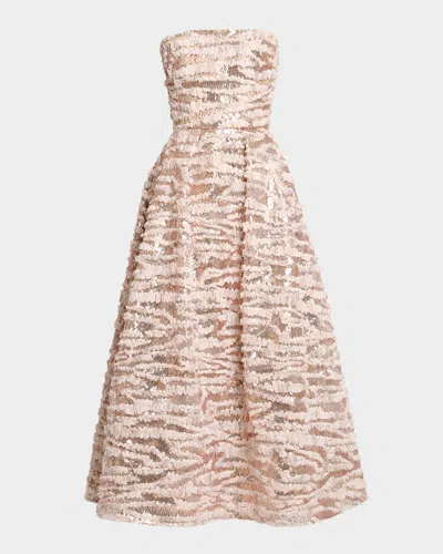Elie Saab Sequined Chiffon Ruffled Strapless Tea-length Dress In Pink