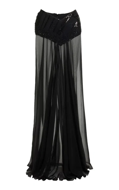 Elie Saab Sequined Drop Waist Silk-blend Maxi Skirt In Black