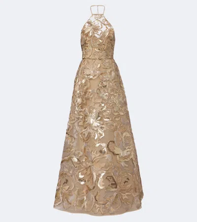 Elie Saab Sequined Halteneck Tulle Gown In Sand