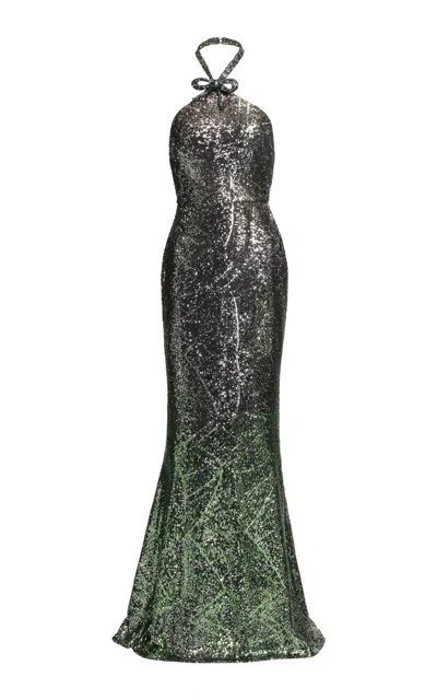 Elie Saab Sequined Halter Gown In Dark Green