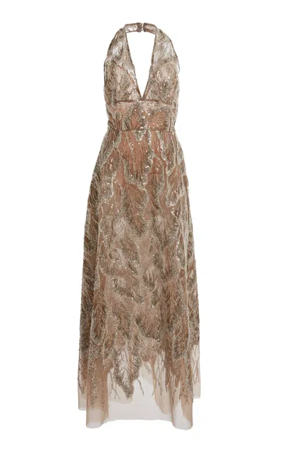 Elie Saab Sequined Halter Tulle Dress In Silver