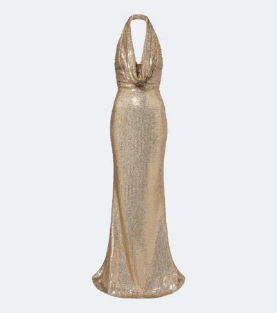 Elie Saab Sequin-embellished Halterneck Maxi Dress In Burgundy