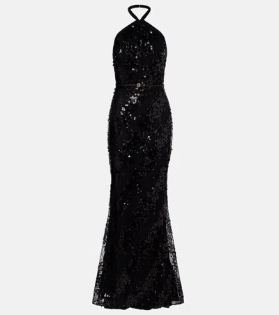 Elie Saab Sequined Halterneck Silk-blend Gown In Black
