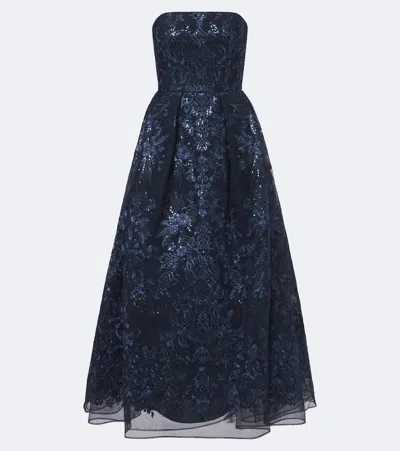 Elie Saab Sequined Lace Bustier Gown In Blue