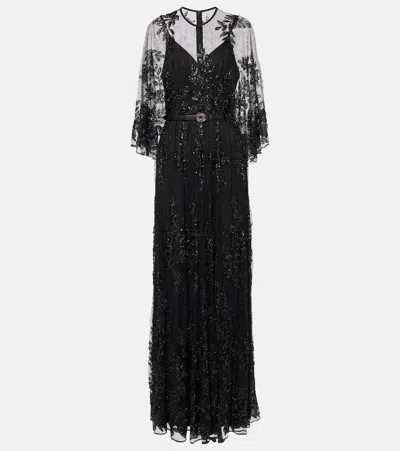 Elie Saab Sequined Lace Gown In Black