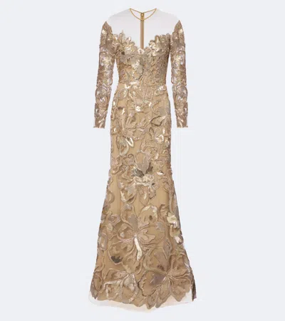 Elie Saab Sequined Lace Gown In Gold