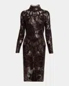 Elie Saab Sequined Lace Mock-neck Long-sleeve Dress In Brown